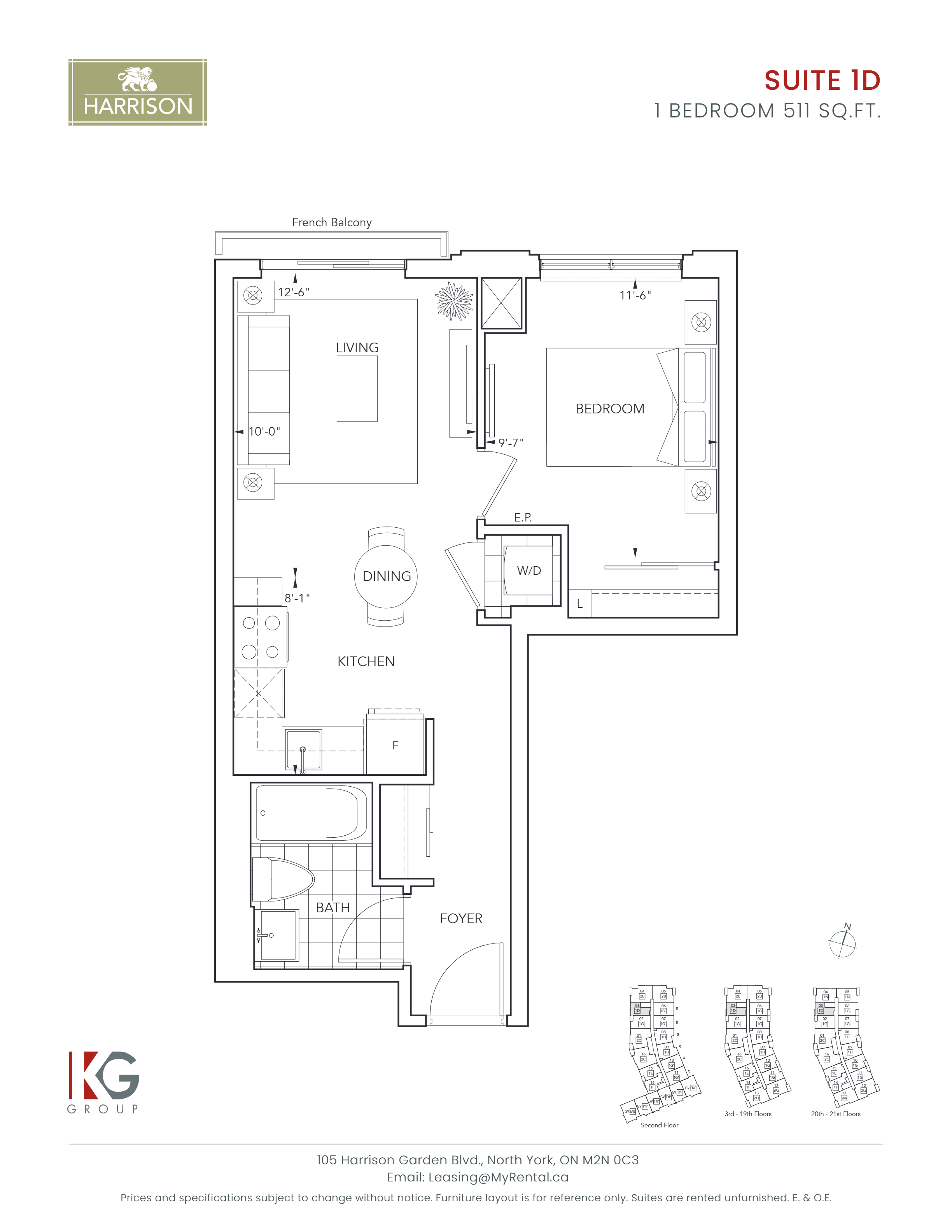Floor plan for 1 bed, 1 bath, 659 sqft